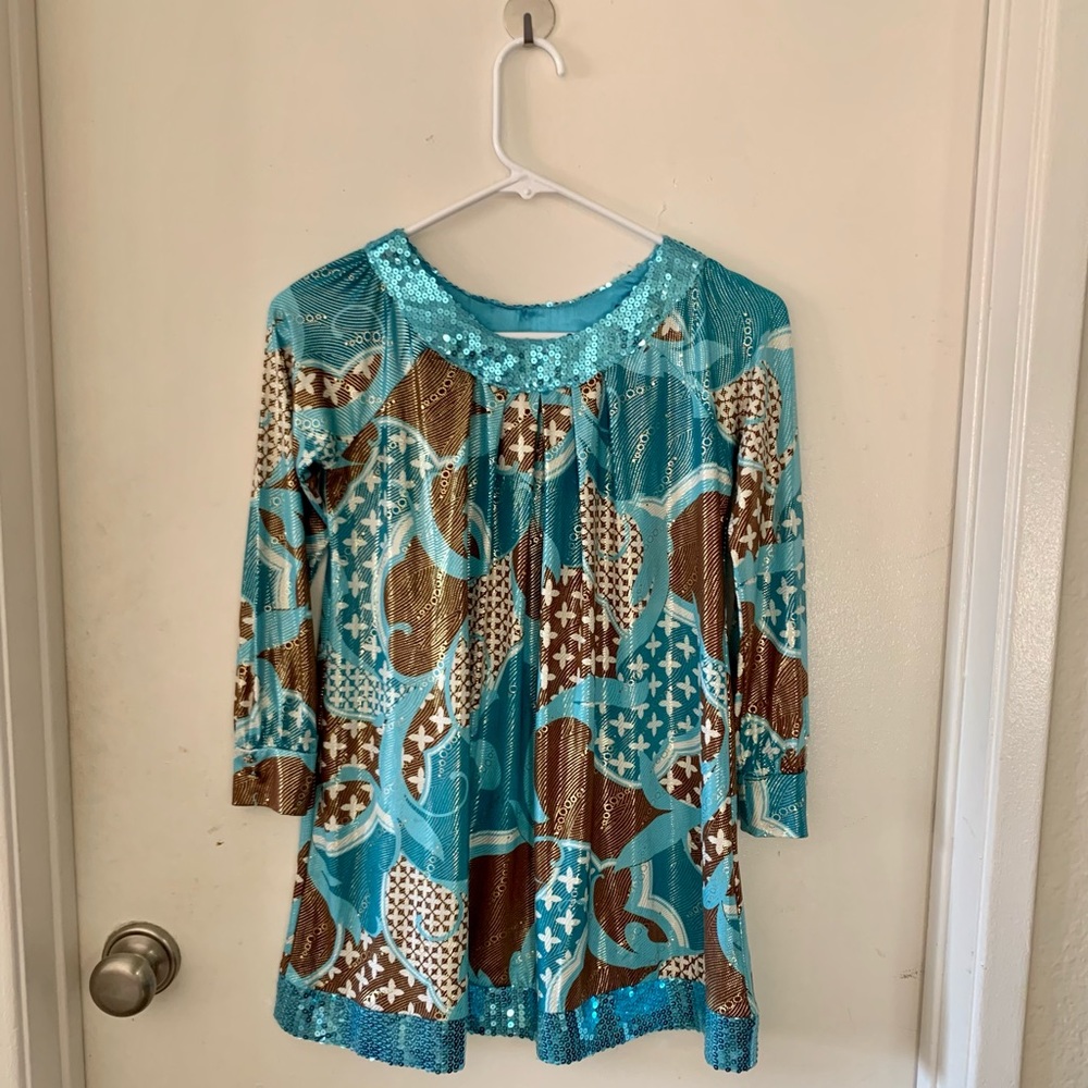 Blue & Brown Long-Sleeve Sequined Dress